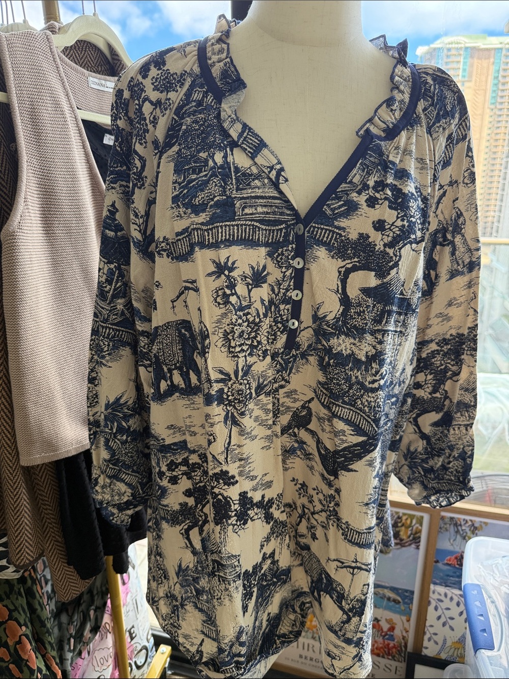 Suzanne Betro Cream and Navy Toile Print Blouse
